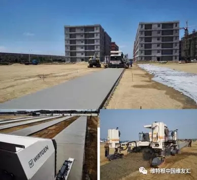 上：攤鋪完的廠房地坪混凝土板；下左：安裝在機身后部伸長臂上的超級抹平器，對混凝土表面進行進一步修復(fù)和處理；下右：一臺 SP 25 滑模攤鋪機即可整合所有傳統(tǒng)施工步驟，實現(xiàn)同步一體化作業(yè)